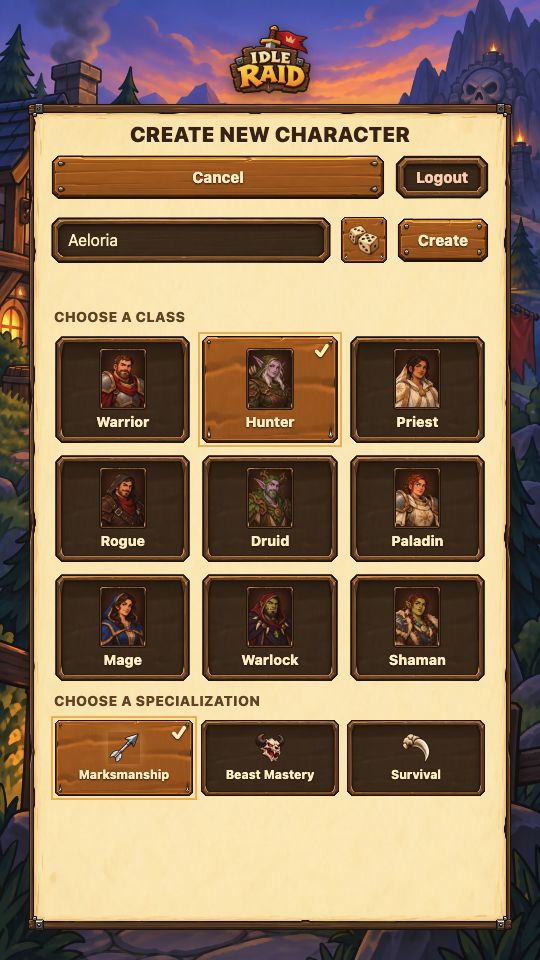 Character creation with nine fantasy classes and a choice of specializations