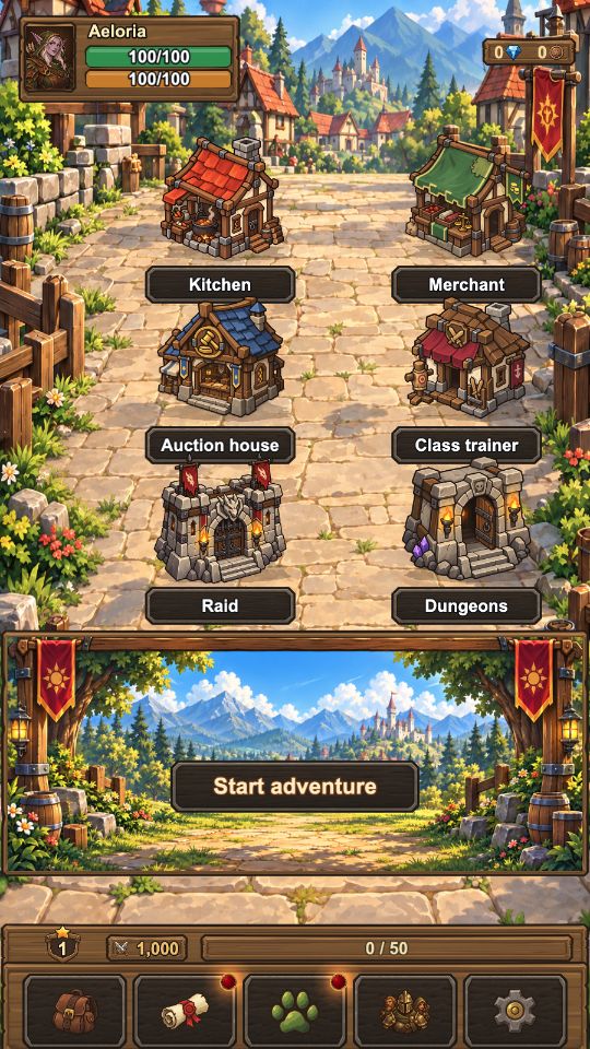 A painted fantasy town with a kitchen, merchant, class trainer, raids and dungeons